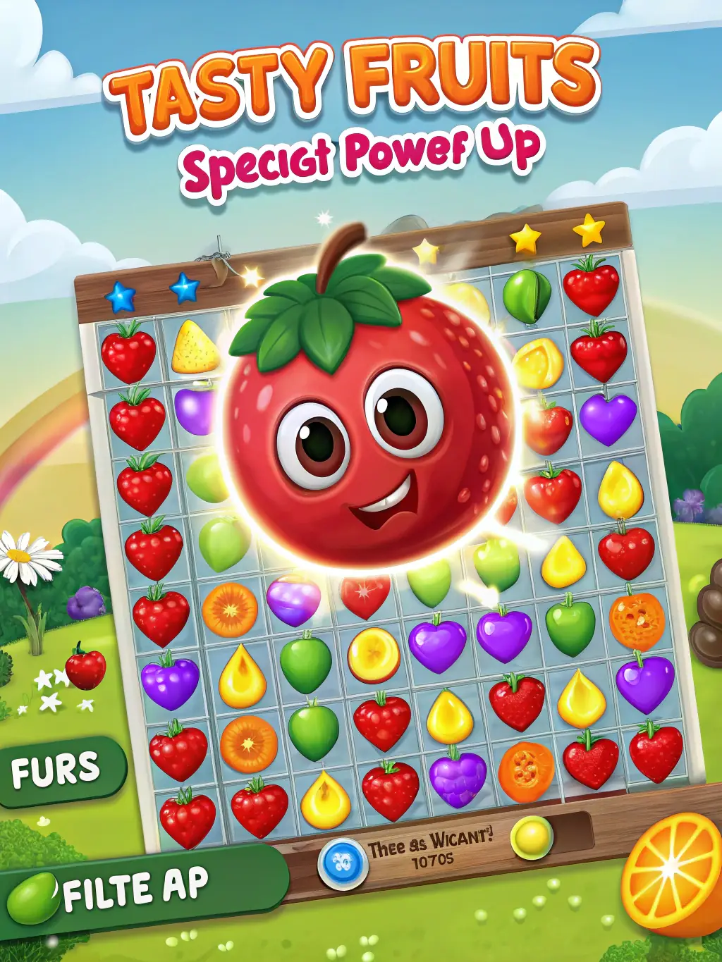 Screenshot of the 'Juicy Splash' game mode in Tasty Fruits Bomb, showing a chain reaction of exploding fruits and a high score display.