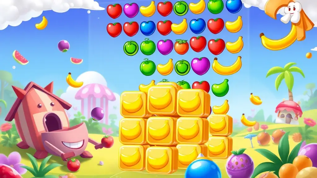 A screenshot of Tasty Fruits Bomb gameplay, showing a match-3 puzzle with colorful fruits and special power-ups being activated.