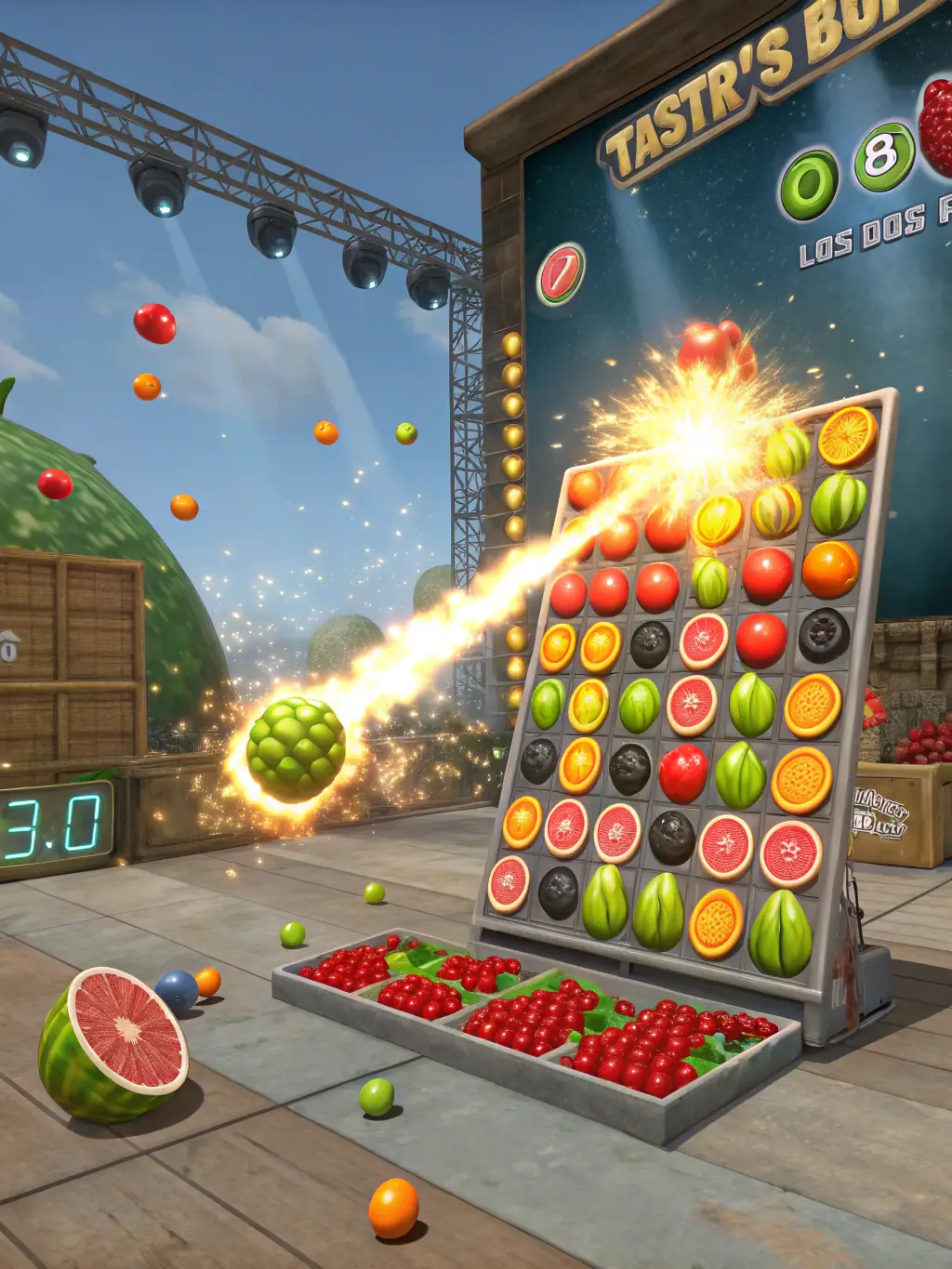 Screenshot of the 'Bomb Boost' power-up in Tasty Fruits Bomb, showing a bomb eliminating surrounding fruits with a vibrant explosion effect.